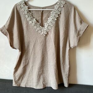Elegant Beige Floral Trim Women's Top